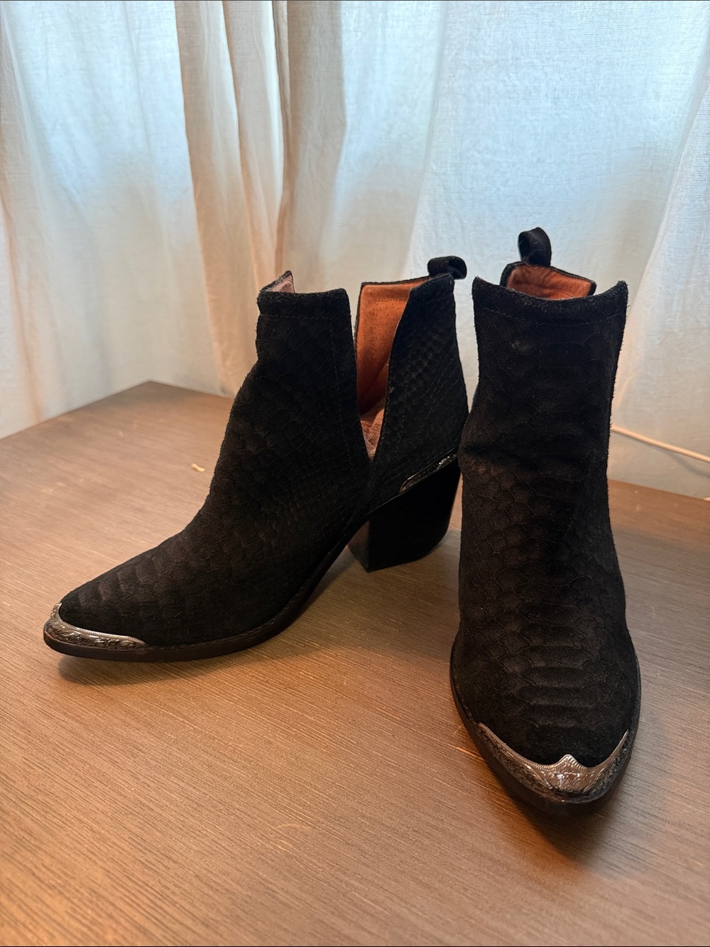 Jeffrey Campbell Black Suede Ankle Boots with Silver Toe Caps